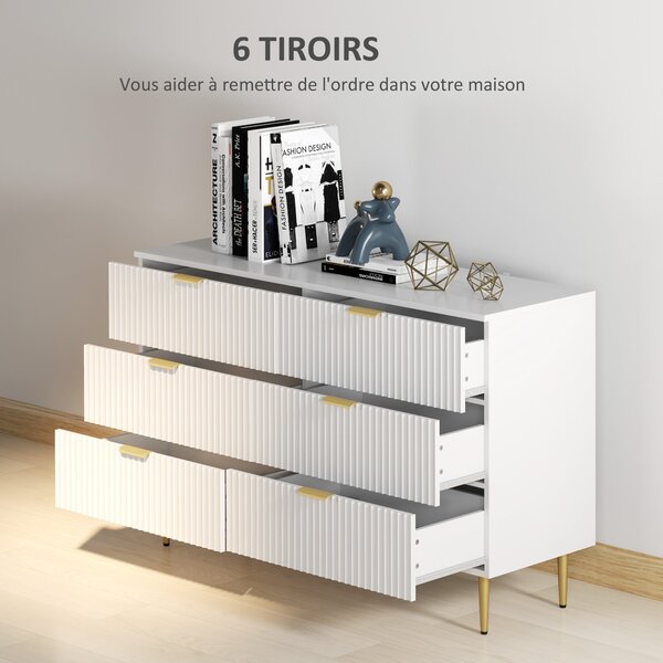 HOMCOM Komoda s 6 Zásuvkami - Moderní Úložný Nábytek s Rukojeťmi a Zlatými Nohy do Ložnice a Obývacího Pokoj, Rozměry: 120 x 40 x 76,5 cm, Bílá | Aoso