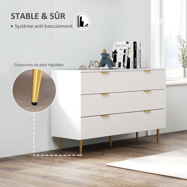 HOMCOM Komoda s 6 Zásuvkami - Moderní Úložný Nábytek s Rukojeťmi a Zlatými Nohy do Ložnice a Obývacího Pokoj, Rozměry: 120 x 40 x 76,5 cm, Bílá | Aoso