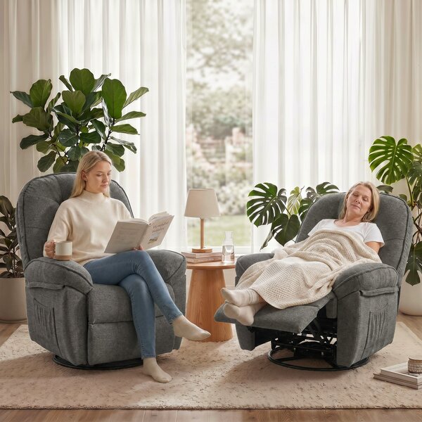 HOMCOM relaxační křeslo s otáčením 360° a houpáním, manuální chenille, široké sedadlo, vysoké opěradlo, opěrka nohou a boční kapsy, světle šedé | Aoso