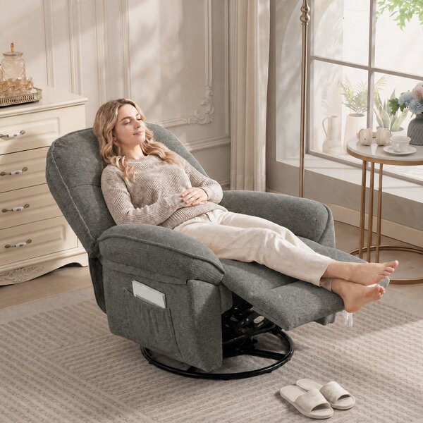 HOMCOM relaxační křeslo s otáčením 360° a houpáním, manuální chenille, široké sedadlo, vysoké opěradlo, opěrka nohou a boční kapsy, světle šedé | Aoso