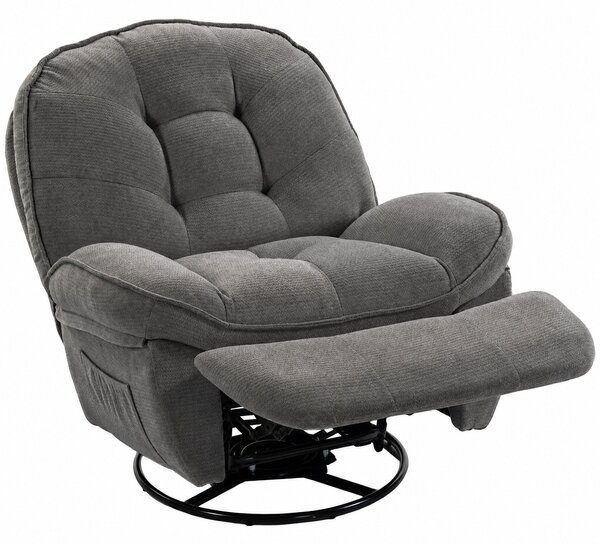HOMCOM relaxační křeslo s otáčením 360° a houpáním, manuální chenille, široké sedadlo, vysoké opěradlo, opěrka nohou a boční kapsy, světle šedé | Aoso