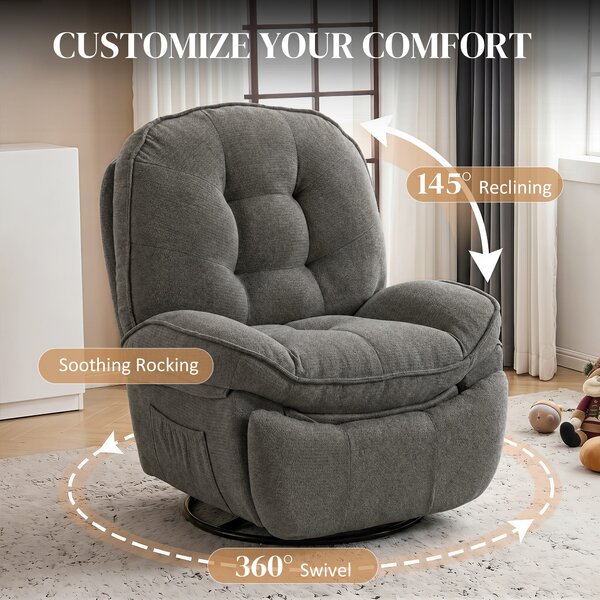HOMCOM relaxační křeslo s otáčením 360° a houpáním, manuální chenille, široké sedadlo, vysoké opěradlo, opěrka nohou a boční kapsy, světle šedé | Aoso
