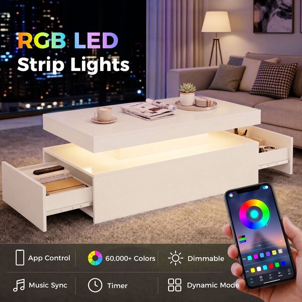 HOMCOM konferenční stolek, vysoce lesklá bílá se stmívatelným RGB LED páskem, ovládání přes aplikaci, 2 zásuvky, synchronizace s hudbou, 100 x 50 x 40
