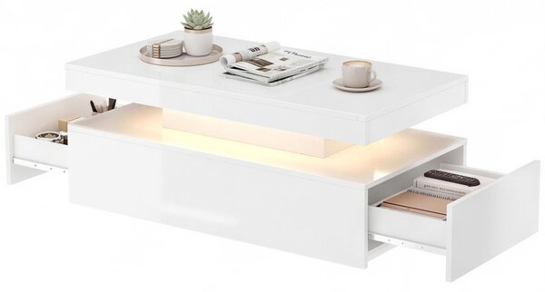 HOMCOM konferenční stolek, vysoce lesklá bílá se stmívatelným RGB LED páskem, ovládání přes aplikaci, 2 zásuvky, synchronizace s hudbou, 100 x 50 x 40