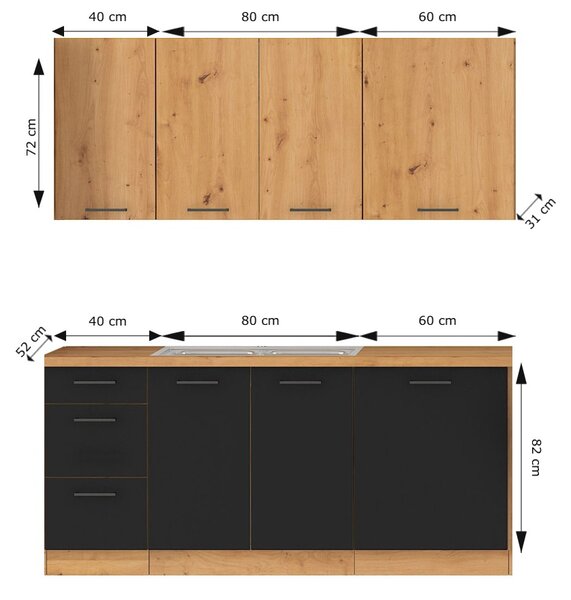 Kuchyňská linka 180 cm černá/dub artisan LOUSIE Bez pracovní desky