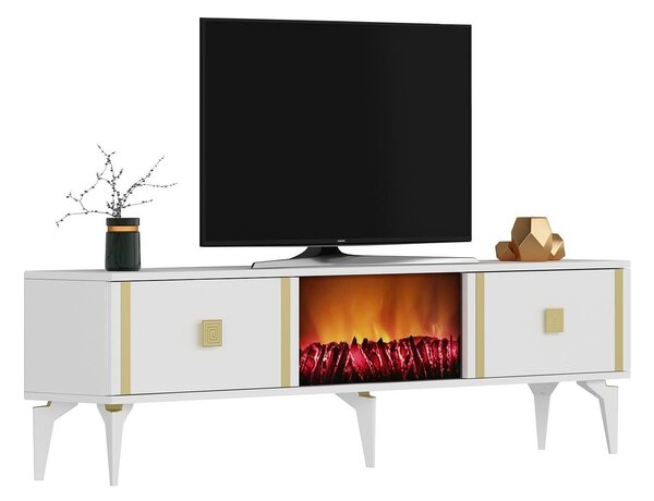 TV stolek/skříňka s krbem Tobuvu 2 (bílá + zlatá)