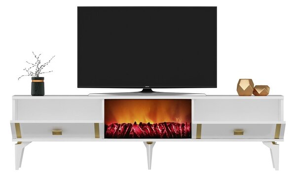 TV stolek/skříňka s krbem Tobuvu 2 (bílá + zlatá)