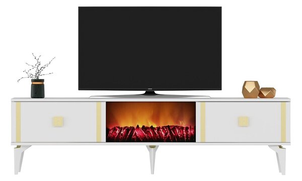TV stolek/skříňka s krbem Tobuvu 2 (bílá + zlatá)