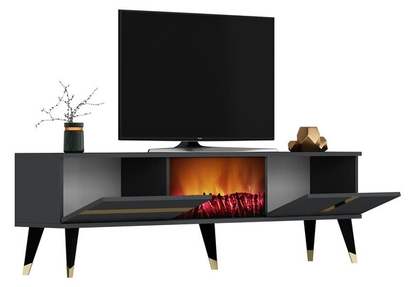 TV stolek/skříňka s krbem Vekika 3 (antracit + zlatá)
