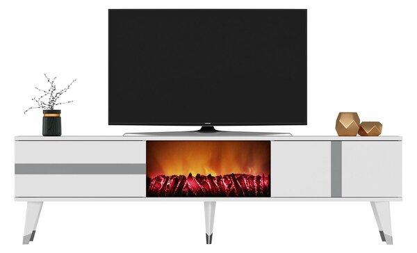 TV stolek/skříňka s krbem Vekika 3 (bílá + stříbrná)