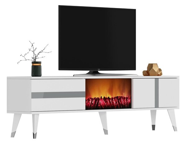 TV stolek/skříňka s krbem Vekika 3 (bílá + stříbrná)