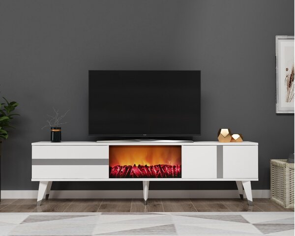 TV stolek/skříňka s krbem Vekika 3 (bílá + stříbrná)
