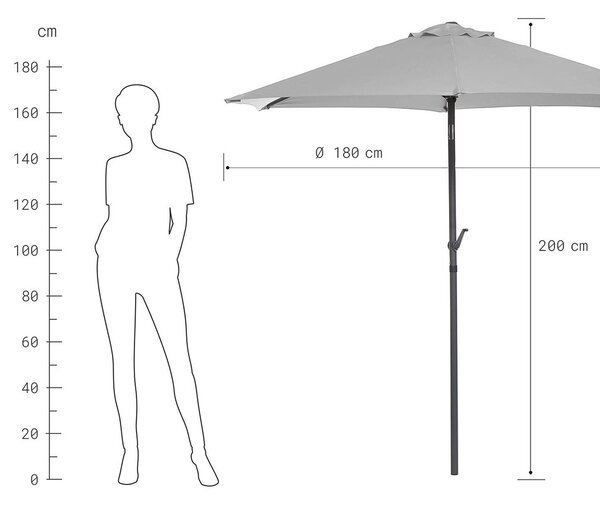 SIESTA Slunečník s naklápěcím kloubem a klikou 1,8 m - sv. šedá