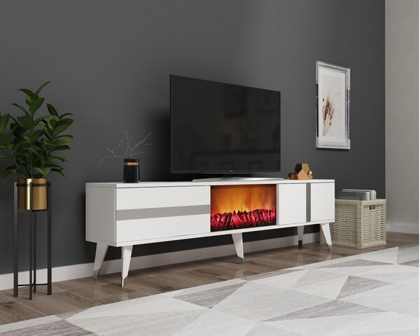 TV stolek/skříňka s krbem Vekika 3 (bílá + stříbrná)