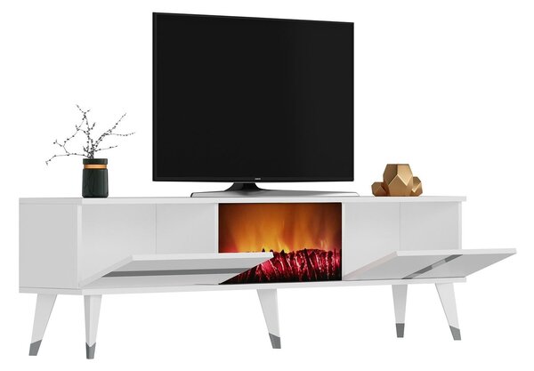 TV stolek/skříňka s krbem Vekika 3 (bílá + stříbrná)