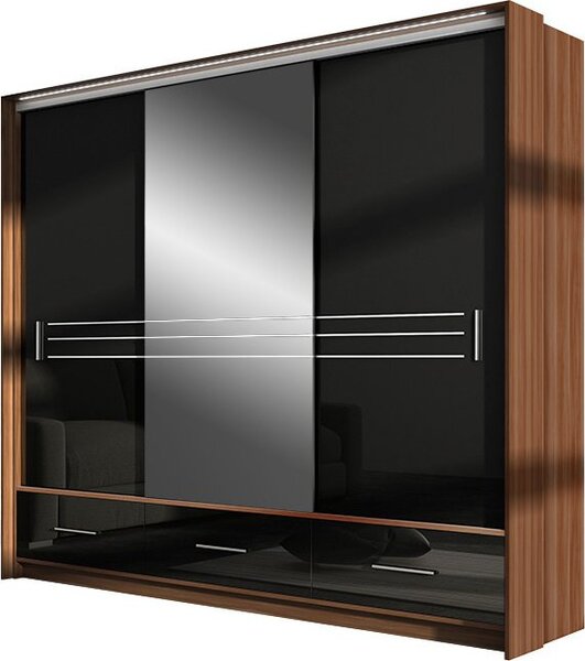 Casarredo - Komfort nábytek Šatní skříň ALISTE/AMSTERDAM 250L s osvětlením, černá/zrcadlo