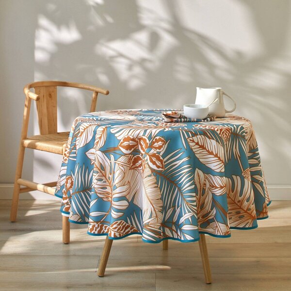 Ubrus s potiskem listů tyrkysová/karamelová 150x150 cm