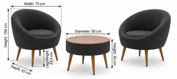 Křesla (2 ks) s konferenčním stolkem Lidexa S (antracit)