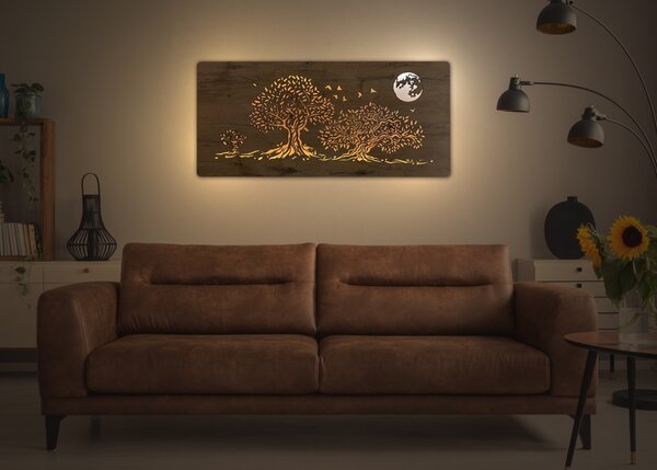 "Tři duby a měsíc" světelný obraz s baterií 110x50cm varianta ovládání: manuál/pohybové čidlo, provedení povrchu: bříza