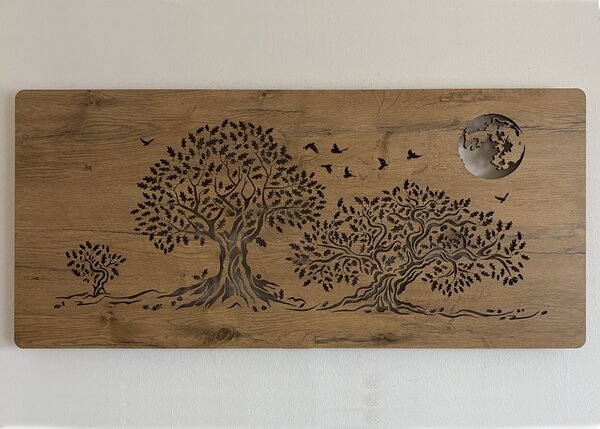 "Tři duby a měsíc" světelný obraz 230V 90x40cm provedení povrchu: ořech