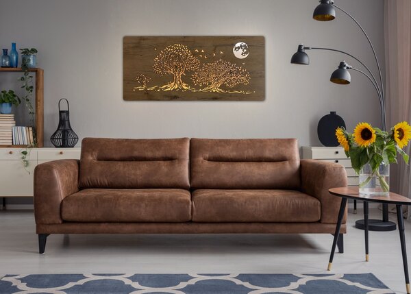 "Tři duby a měsíc" světelný obraz s baterií 110x50cm varianta ovládání: manuál/pohybové čidlo, provedení povrchu: bříza