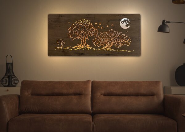 "Tři duby a měsíc" světelný obraz s baterií 110x50cm varianta ovládání: manuál/pohybové čidlo, provedení povrchu: bříza