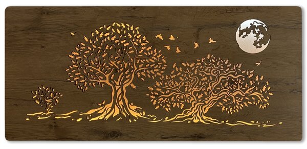 "Tři duby a měsíc" světelný obraz s baterií 110x50cm varianta ovládání: manuál/pohybové čidlo, provedení povrchu: bříza