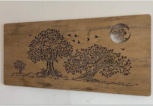 "Tři duby a měsíc" světelný obraz 230V 90x40cm provedení povrchu: ořech