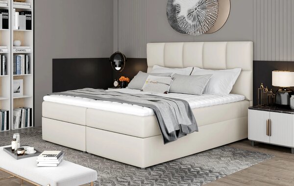Manželská boxspringová postel 180x200 FLARO - světle béžová eko kůže