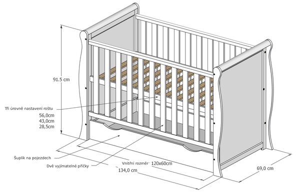 Dětská postýlka Mini Sleight 120 x 60 cm Úložný prostor k postýlce: Bez úložného prostoru