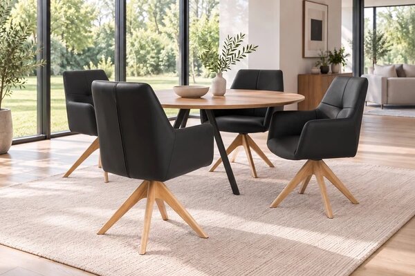 Designová otočná židle Devassy černá kůže / dub
