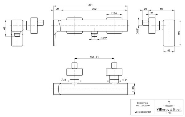 Villeroy & Boch Subway 3.0 sprchová baterie nastěnná černá TVS112001000K5
