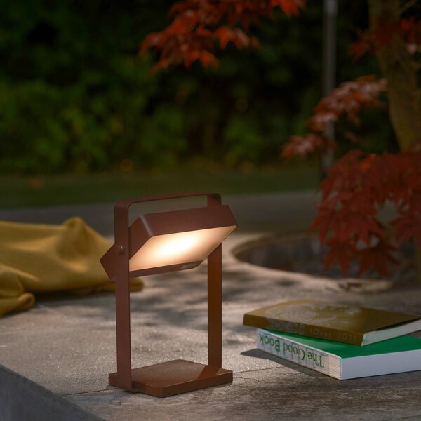 Nordlux Solární LED stolní lampa Saulio s LED, hnědá, IP44, hliník, USB, akumulátor, stmívatelný, Hnědá / rez, Hliník, Moderní
