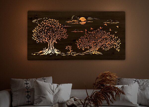 "Tři duby" světelný obraz s baterií 120x60cm varianta ovládání: manuál/pohybové čidlo, provedení povrchu: bříza
