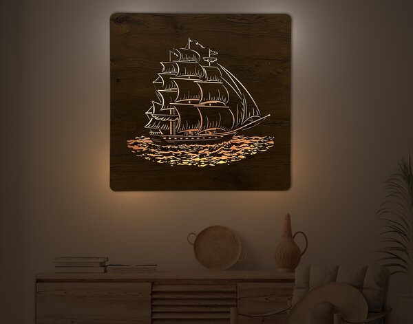 "Plachetnice" světelný obraz s baterií 70x70cm varianta ovládání: manuál/pohybové čidlo, provedení povrchu: dub světlý