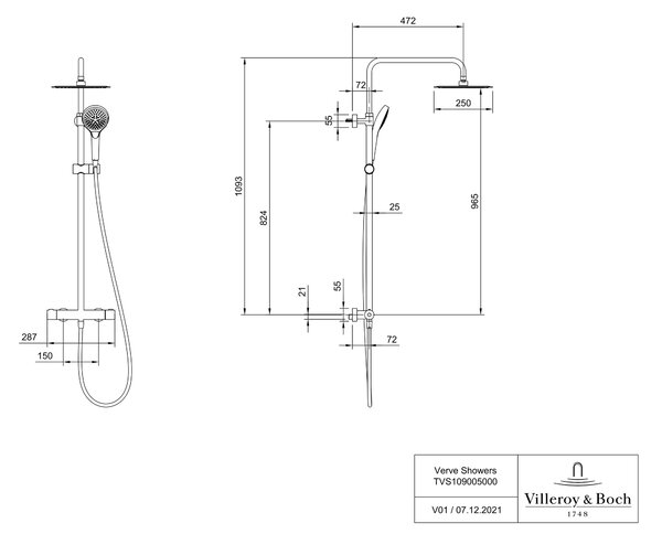 Villeroy & Boch Verve Showers sprchová sada na stěnu s termostatem s dešťovou sprchou || TVS10900500064