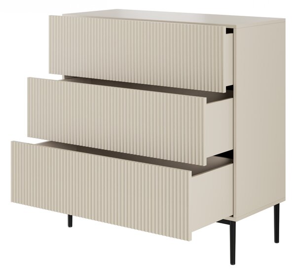 Moderní komoda Nicole 100 cm s zásuvkami a ryhovaným čelem - kašmír / černé nožky