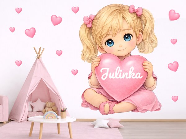 Blond holčička se srdíčkem a jménem textilní přelepitelné samolepky na zeď arch 33 x 45 cm