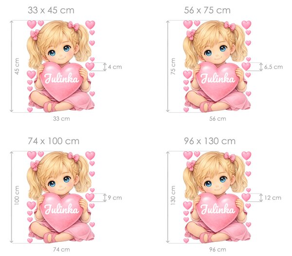 Blond holčička se srdíčkem a jménem textilní přelepitelné samolepky na zeď arch 33 x 45 cm