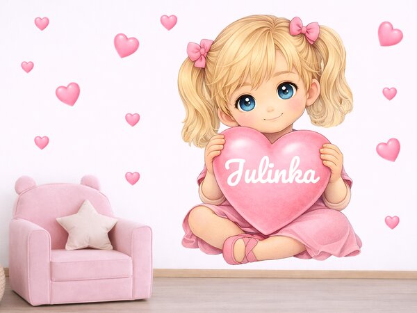 Blond holčička se srdíčkem a jménem textilní přelepitelné samolepky na zeď arch 33 x 45 cm