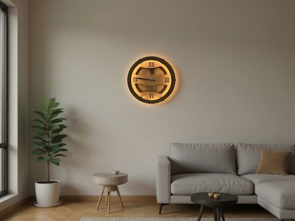 "Římské číslice" světelné hodiny s powerbankou a pohybovým čidlem 31 cm/dub velikost svítidla/hodin: 31 cm