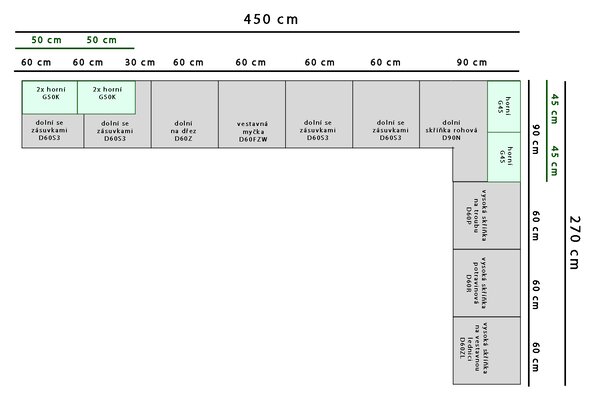 Kuchyňská linka ASPEN b | 450x270 cm | zásuvky METALBOX | SOKL v CENĚ | bílá lesk