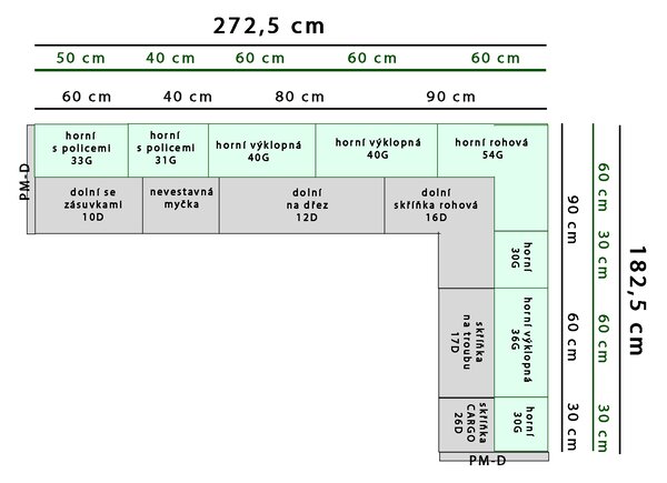Kuchyňská linka GLAMOUR z | 272,5x182,5 cm | SE SOKLEM | zelená mat/artisan
