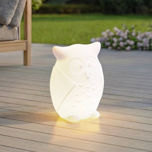 Lindby LED akumulátorová lampa Errol, sova, bílá, RGBW, IP54, stmívatelný, Bílá / opál, Dětský pokoj, Plast, Moderní