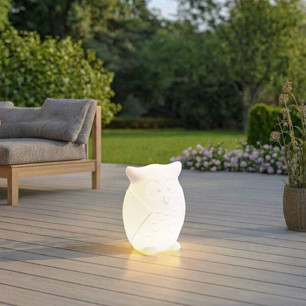 Lindby LED akumulátorová lampa Errol, sova, bílá, RGBW, IP54, stmívatelný, Bílá / opál, Dětský pokoj, Plast, Moderní