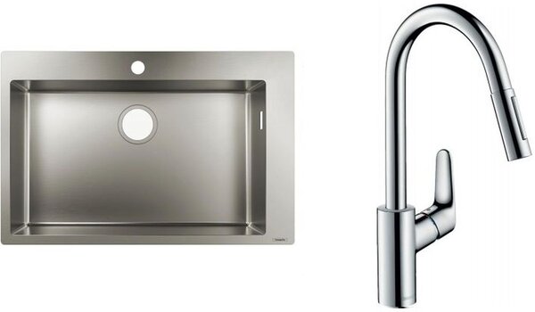 Sada ocelový dřez Hansgrohe S 71 43302800, kuchyňská baterie Hansgrohe Focus M41 31815000
