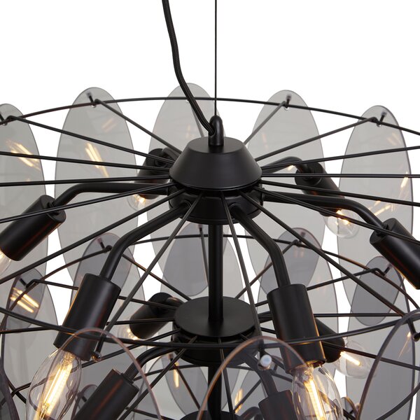 Art Deco hanglamp zwart met smoke glas ovaal 14-lichts - Mochan