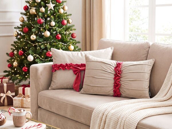 Sada 2 dekorativních polštářů BELLE 50 x 30 cm Umělý samet Taupe Vánoční vzor