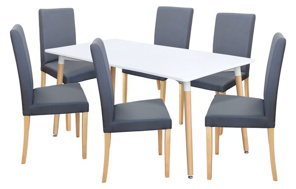 Jídelní stůl ONE 160x90 bílý + 6 židlí PRIMA šedá/světlé nohy