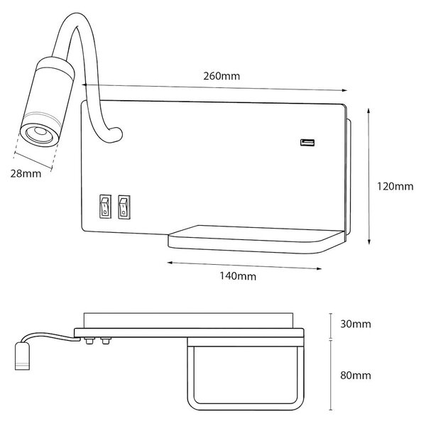 Nástěnné LED svítidlo Shelf, 1x LED 4+5+2w, 4000k, b/w, vypínač